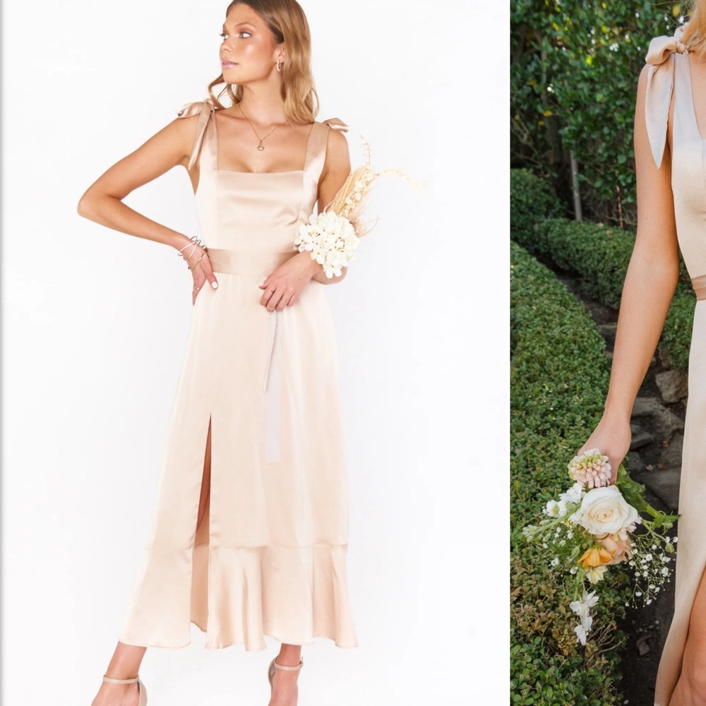show me your mumu claire midi dress in champagne luxe satin bridesmaid dress